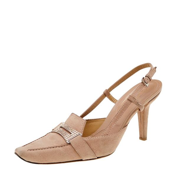 Tod's Pale Pink Suede Crystal Embellished Penny Loafer Slingback Sandals Size 40